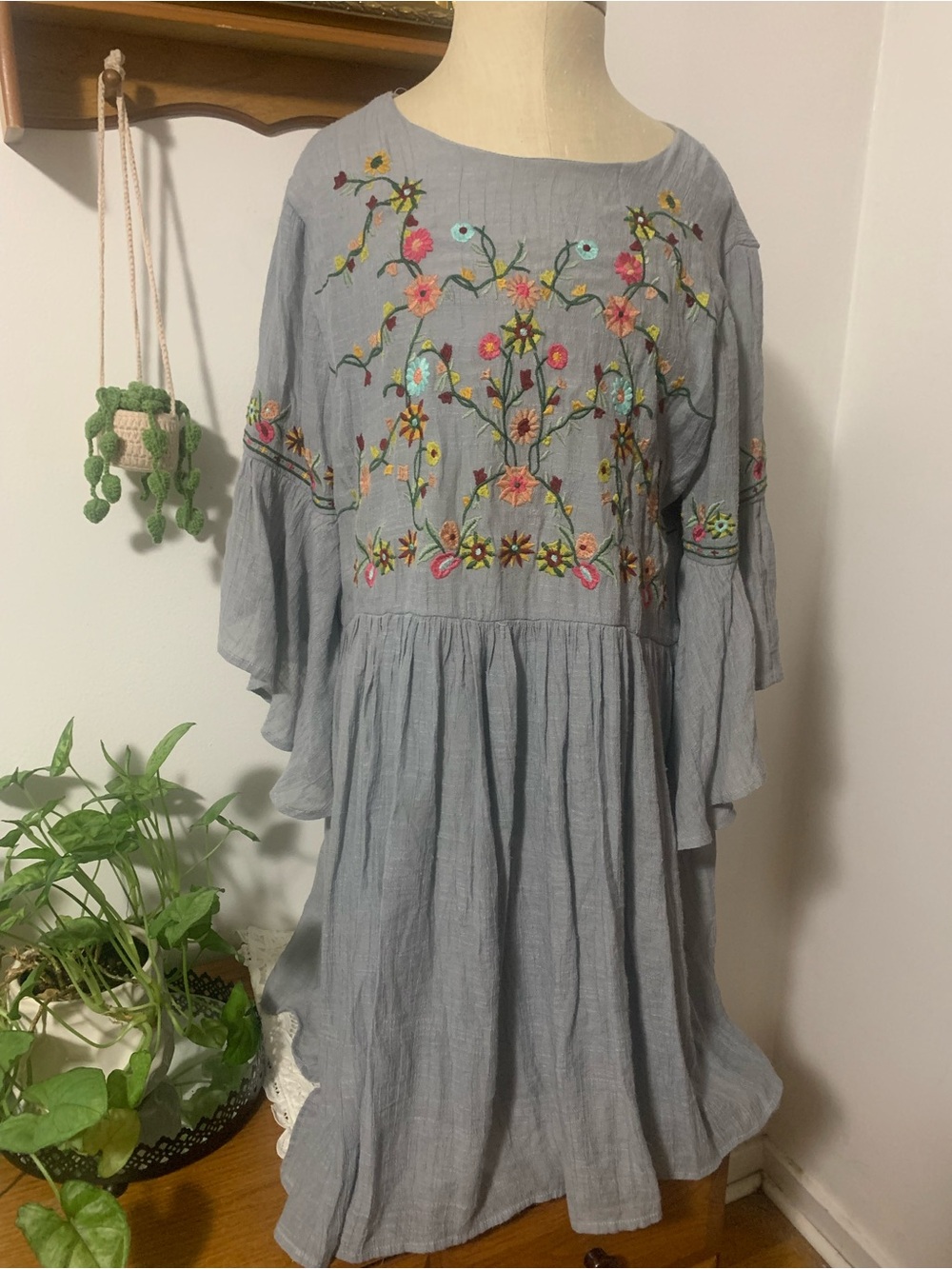 Umgee Blue Floral Boho Embroidered Size Large Babydoll Dress Cotton Blend - Picture 6 of 16